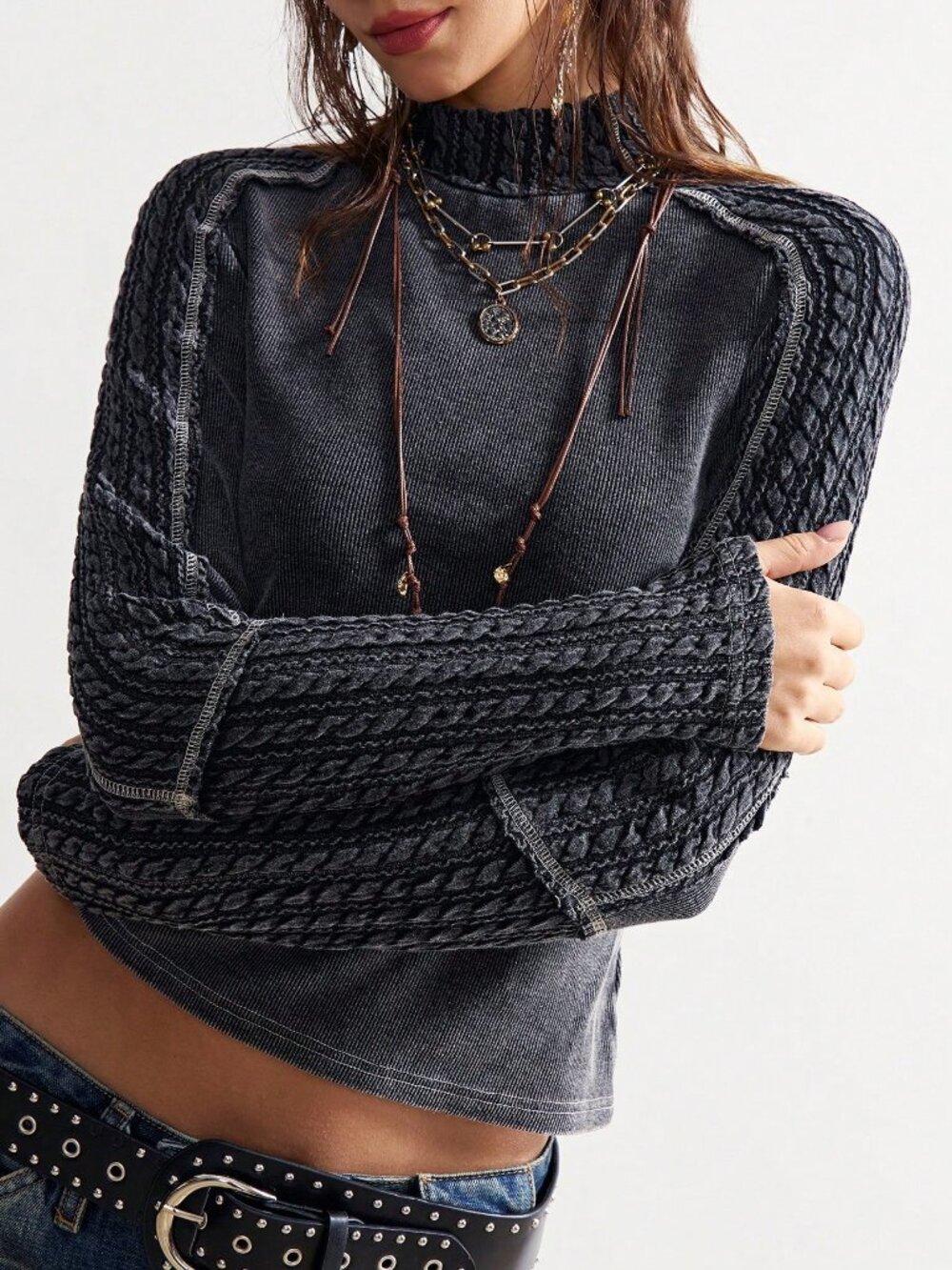 Black Casual Women's Cable-knit Stand Collar Raglan Long Sleeve T-Shirt - Picture 6 of 10